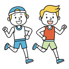 Two friends jogging in casual athletic wear with cheerful expressions isolated on white background