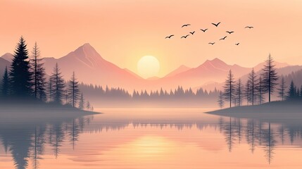 Obraz premium Serene sunset over misty mountains reflected on calm lake.