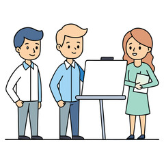 Three coworkers discussing a project with one holding a laptop isolated on white background