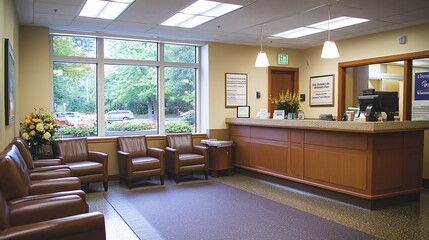 Modern medical office waiting area with comfortable leather chairs, reception desk, and large windows.
