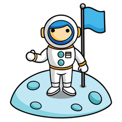 Astronaut holding a flag on the moon surface below a clear sky isolated on white background