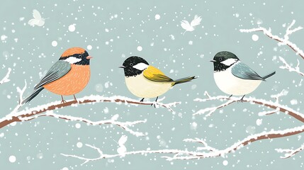 Three Colorful Birds Perched On Snowy Branches In Winter
