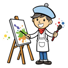 Artist painting a canvas wearing a beret and apron isolated on white background