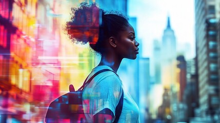 Obraz premium Black Woman Walking Through Colorful Digital Overlays in New York City