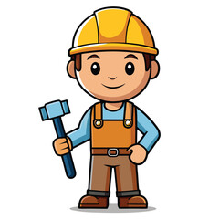 Worker with a hard hat and hammer standing confidently isolated on white background