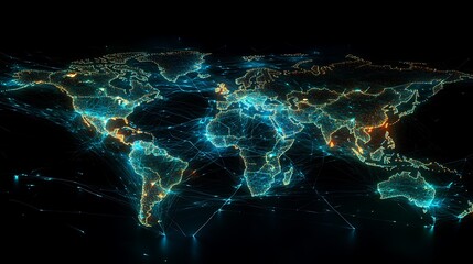A world map visualizing blockchain technology, with glowing nodes connected by intricate lines of data, decentralized network overlay, futuristic holographic interface,