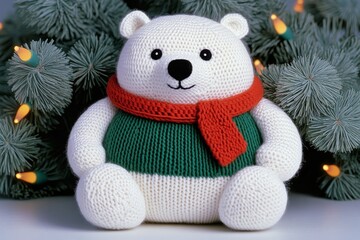 Hand-knitted polar bear wearing festive scarf, sitting under yarn Christmas tree with twinkling lights, magical and cute, natural light.