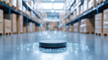 Futuristic digital network sphere in warehouse setting