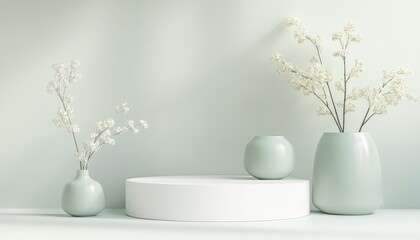 Elegant Minimalist Home Decor White Flowers in Pale Green Vases on White Platform