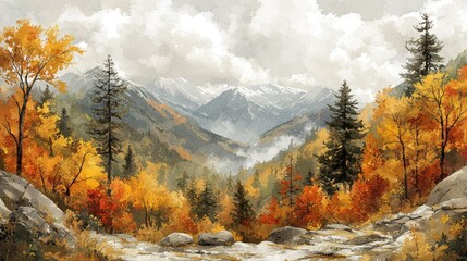 Majestic mountain valley in autumn with colorful foliage, misty valley, and rocky terrain.