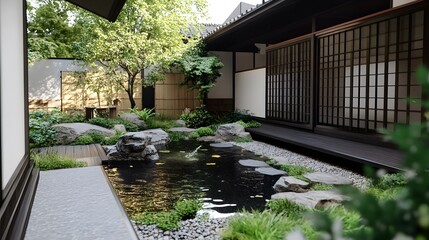Naklejka premium Traditional Japanese garden with a small pond