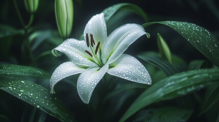A close-up of a white lily with water droplets on its elegant petals, surrounded by dark green leaves.
