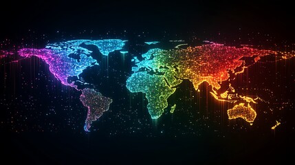 Naklejka premium An abstract flat global map featuring luminous points of interest glowing in radiant neon colors, intricate data streams linking nodes, layered holographic displays, and a sleek,