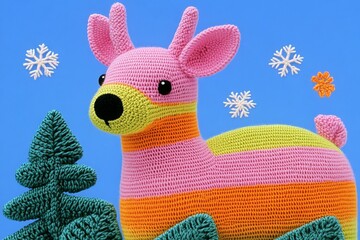 Obraz premium Hand-knitted rainbow deer standing in woolen forest, soft pastel leaves and yarn snowflakes falling from sky, cozy and magical, super detailed.