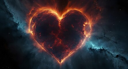 Fiery heart-shaped nebula in space, casting a gentle glow into the surrounding darkness, creating an abstract visual effect. 