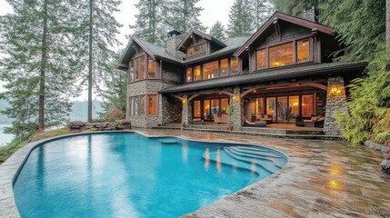 Elegant house with pool, stone, and wood.