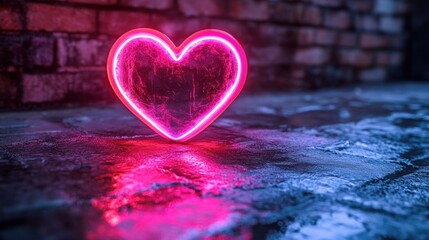 Fototapeta premium Neon heart light on wet cobblestone street at night