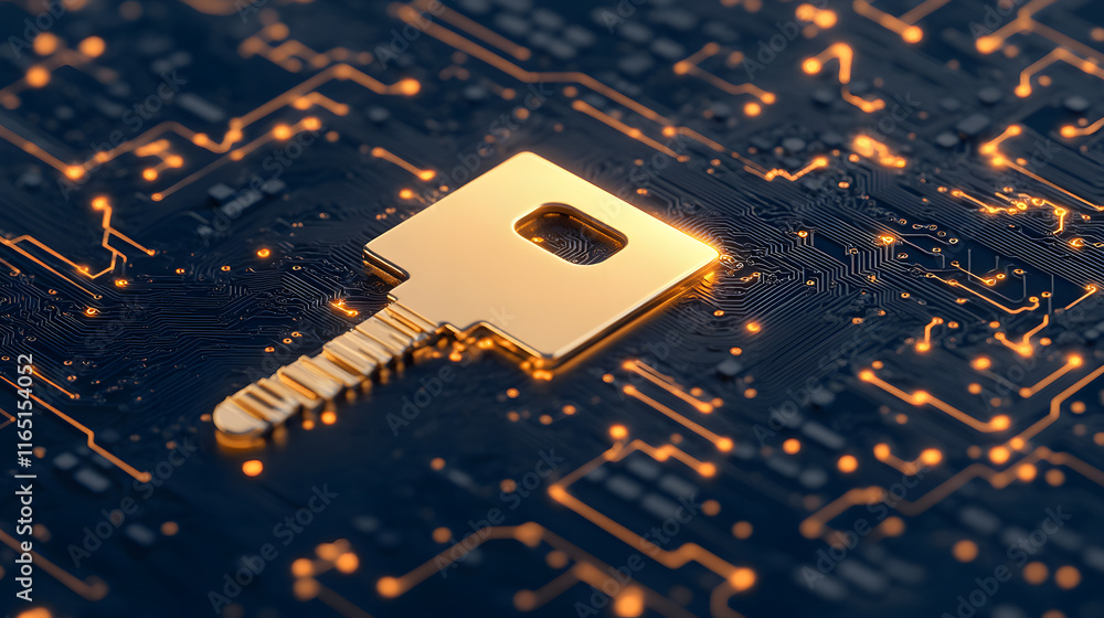 Aufkleber golden key on a digital circuit board background representing security and technology