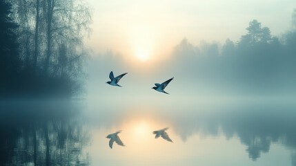 Peaceful misty morning with birds flying over a tranquil lake at sunrise