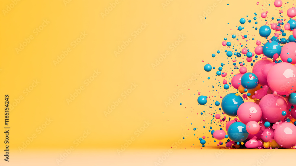 Poster colorful spheres burst against a bright yellow background, creating a dynamic and playful scene