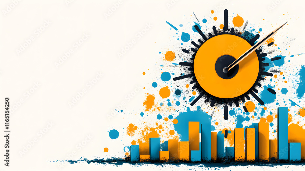 Poster colorful abstract design featuring a clock and urban elements in vibrant hues