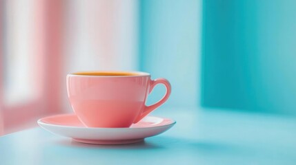 Obraz premium Pastel coffee concept. A delicate pink cup on a vibrant table, inviting warmth and comfort in every sip.