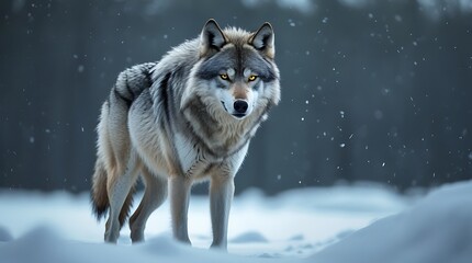 Obraz premium Majestic Grey Wolf Standing in Snowy Wilderness Capturing Intense Golden Eyes and Wild Beauty Amid Winter Scene Perfect for Wildlife Enthusiasts, Nature Photography, and Animal Conservation Content