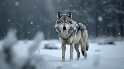 Fototapeta premium Majestic Grey Wolf Standing in Snowy Wilderness Capturing Intense Golden Eyes and Wild Beauty Amid Winter Scene Perfect for Wildlife Enthusiasts, Nature Photography, and Animal Conservation Content