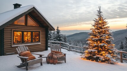 Cozy cabin with Christmas tree, snow, sunset view.