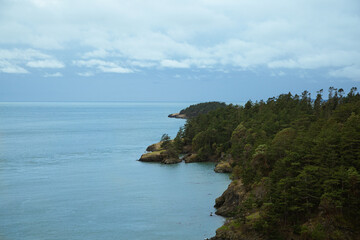 Fototapeta premium Scenic forested cliffs frame calm ocean water under muted overcast sky