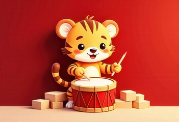 Cartoon tiger playing drum with stick, wood cubes, red backdrop