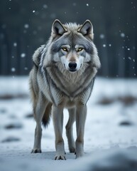 Fototapeta premium Majestic Grey Wolf Standing in Snowy Wilderness Capturing Intense Golden Eyes and Wild Beauty Amid Winter Scene Perfect for Wildlife Enthusiasts, Nature Photography, and Animal Conservation Content