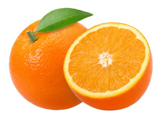 Orange fruit with leaves and half isolated, Orange fruit macro studio photo, transparent PNG, PNG format, cut out