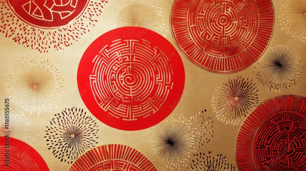 Poster elegant geometric chinese new year design with circular motifs in red and gold, creating a festive a