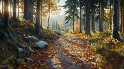 Obraz premium Autumn Forest Path Sunlit Trail Fallen Leaves Trees Nature