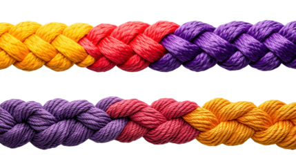Colorful braided ropes with vibrant hues of yellow, red, purple, and orange, showcasing intricate weaving patterns and textures for creative projects