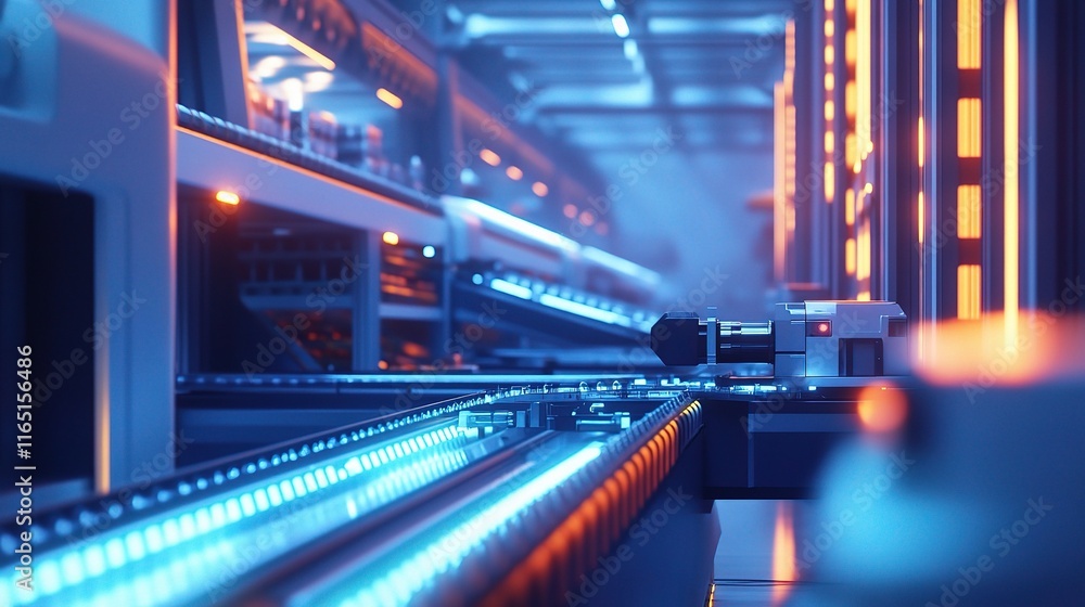 Poster high-tech warehouse with conveyor belts and moving robots in action