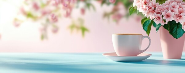 Pastel coffee concept. A delicate cup of tea beside a floral arrangement on a soothing blue table.