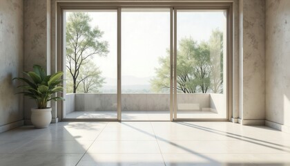 Empty room with large sliding doors and potted plant