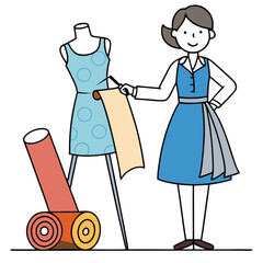 Designer sketching a dress with fabric rolls nearby isolated on white background