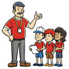 Coach giving instructions to players holding a ball isolated on white background