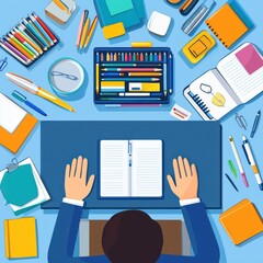 Aerial view of a workspace with stationery, notebooks, and a person preparing to write.
