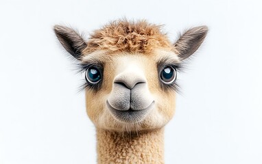 Obraz premium Close-up portrait of a cute alpaca with big blue eyes and a friendly expression against a white background.