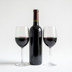 bottle of red wine with two glasses on white background, perfect for celebrations