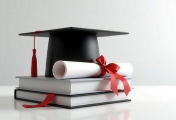 Graduation cap, books, diploma with red ribbon.