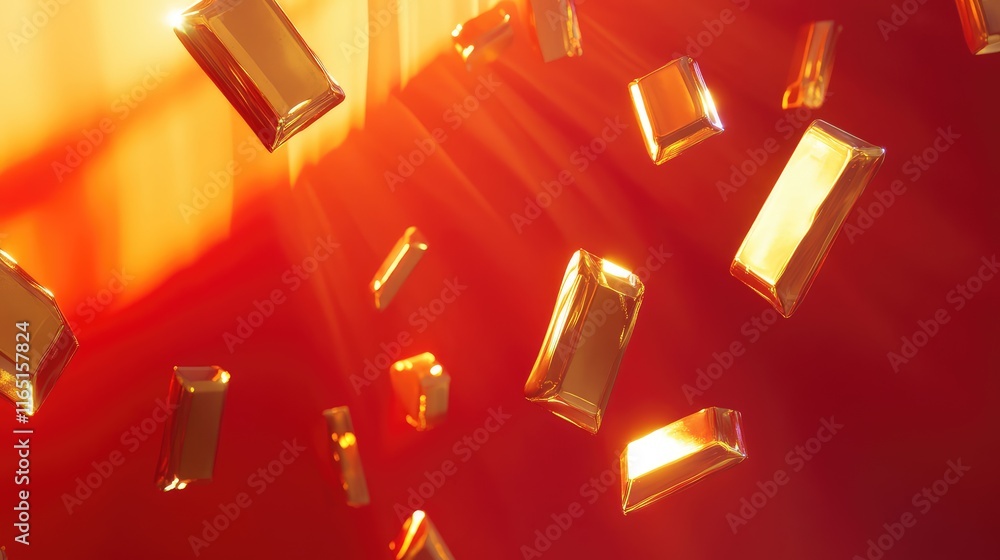 Canvas Prints Elegant golden ingots floating in abstract shapes, glowing softly against a dramatic red background.