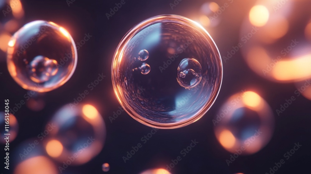 Poster a macro shot of bubbles rising through clear water, with each bubble reflecting light and creating a