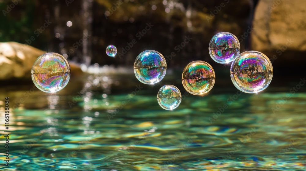 Poster a macro shot of bubbles rising through clear water, with each bubble reflecting light and creating a