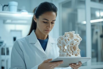 A scientist examines a 3D-printed bone model, studying its intricate porous structure on a tablet.