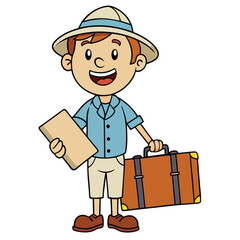 A cheerful traveler holding a suitcase and a map isolated on white background